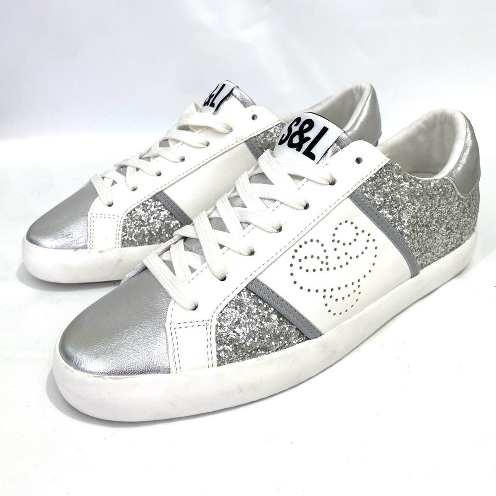 Sam & Libby Low Top Sneakers 7.5 Glitter Lace Up White Silver